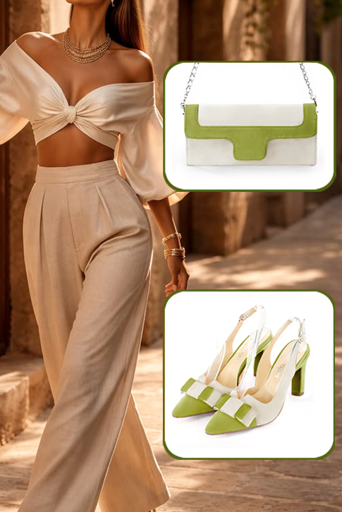 Women's pistachio green and off white elegant slingback heels, with a bow on the front. Tapered toe. High kitten heels - Worn view